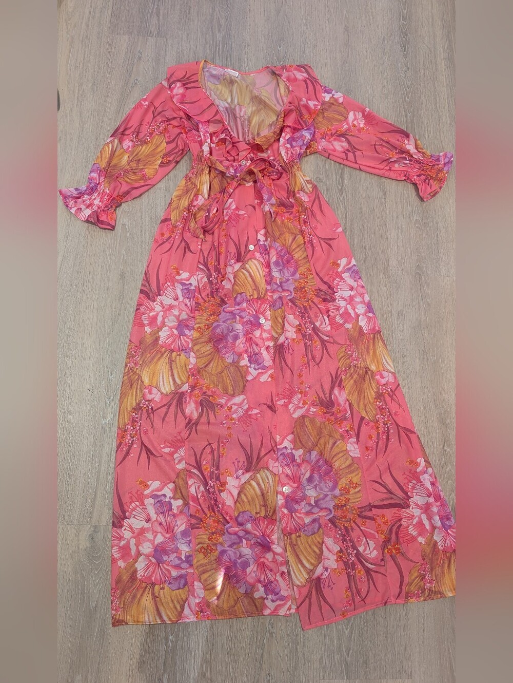 Vintage Pink Floral Maxi Duster Dress Boho Button Front - Picture 4 of 10